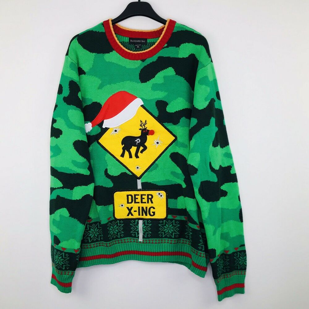 Holiday Classics Medium Ugly Christmas Sweater Deer Xing Crossing Camo Green